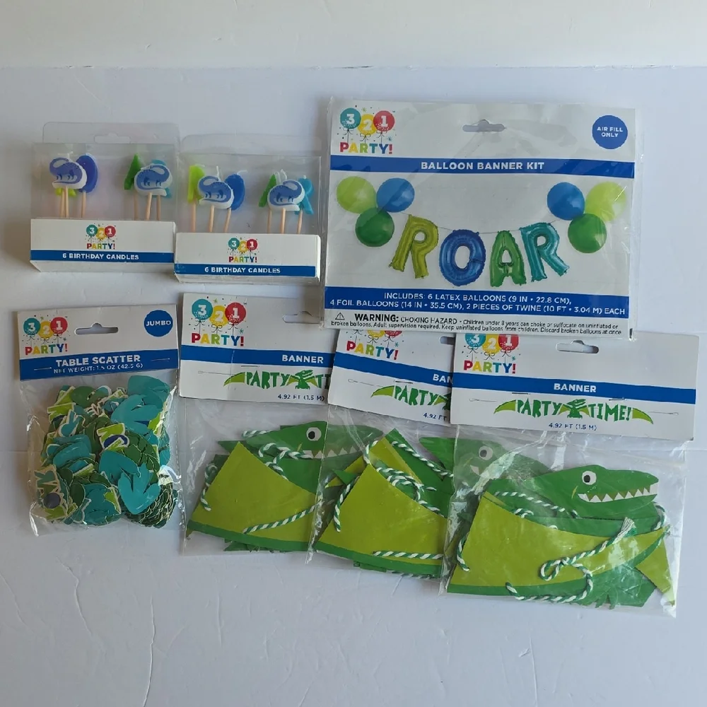 3-2-1 Party! Dinosaur Birthday Banner & Cake Candles Set - Green & Blue